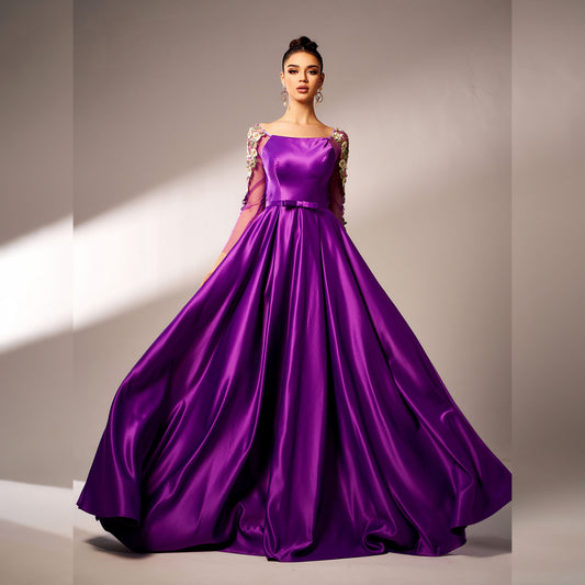 2025 new high-end long-sleeved square collar banquet applique waist pendulum evening dress bridesmaid dress women