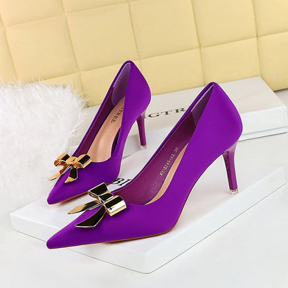 2025 18249-AK68 Korean version of fashion banquet women's shoes stiletto high heel satin light mouth pointed metal bow single shoes