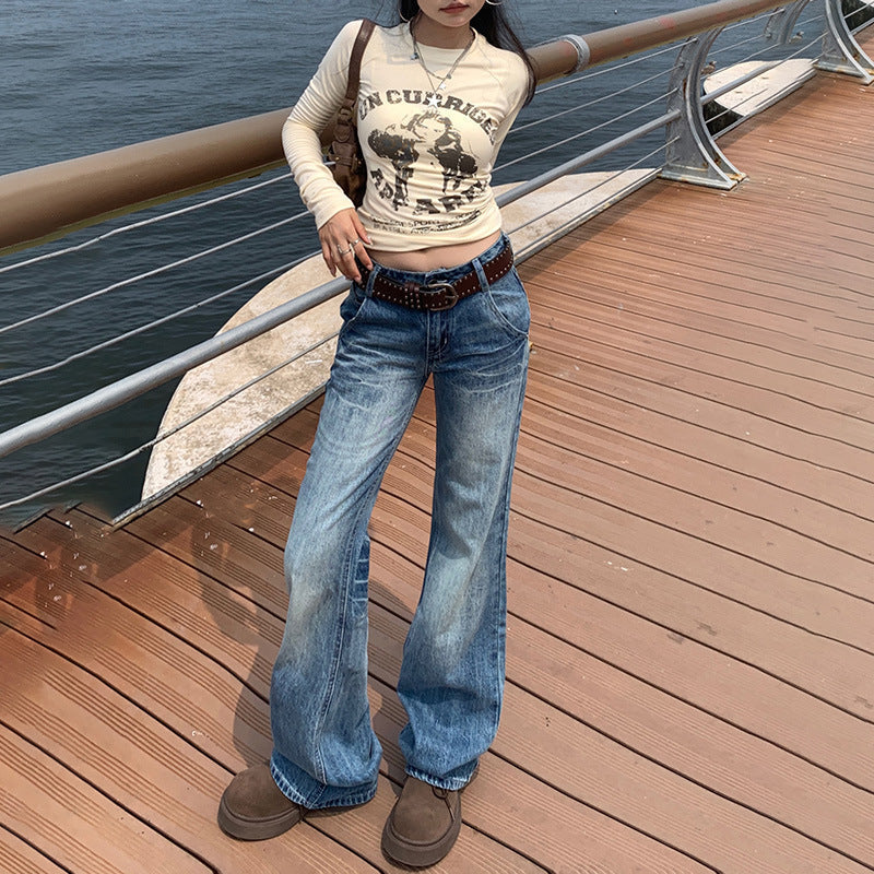 maoxiangshop outfit inspo Early Autumn New Draping Wide-Leg Jeans Women's Low Waist Loose Slimming Trendy Casual All-Match Mopping Pants