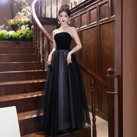 2025 tube top evening dress women's light luxury dress looks thin and beautiful, annual art exam black long style, high texture small man