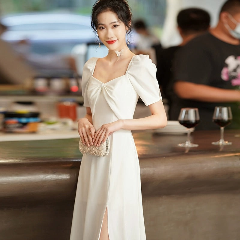 2025 Small white evening dress dress female banquet socialite light temperament engagement dress registration usually wear satin women