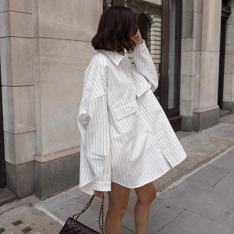 maoxiangshop 2000s fashion New Autumn Lapel Long Sleeve Striped Shirt Coat Fashionable Loose Casual Shirt for Women