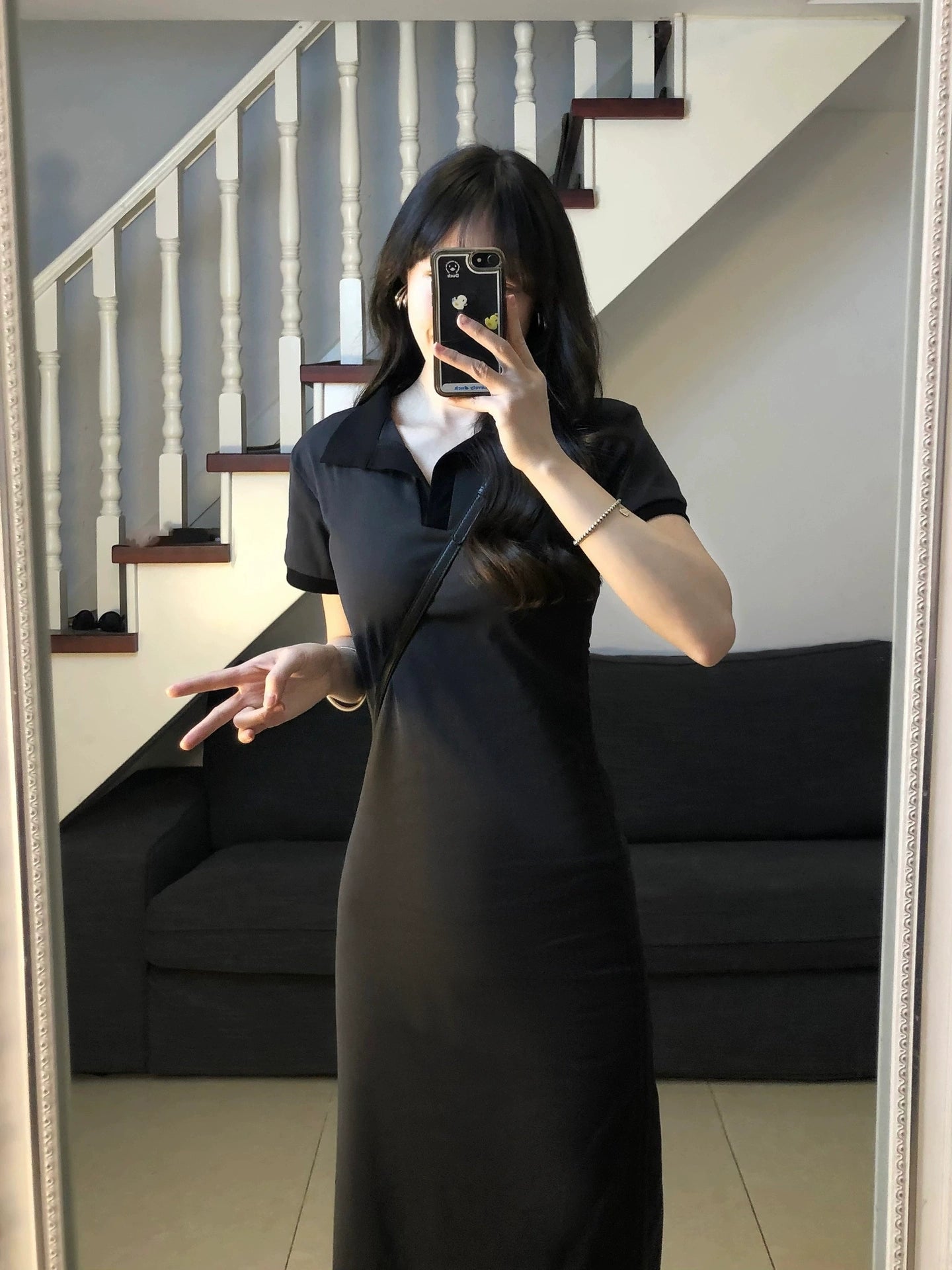 Polo white dress basic summer women's casual thin niche design temperament v-neck drawstring split skirt