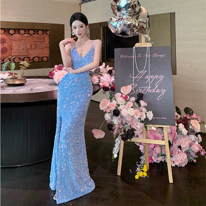 2025 Red sequined suspender inner dress women's winter Christmas wear sexy split birthday dress long skirt