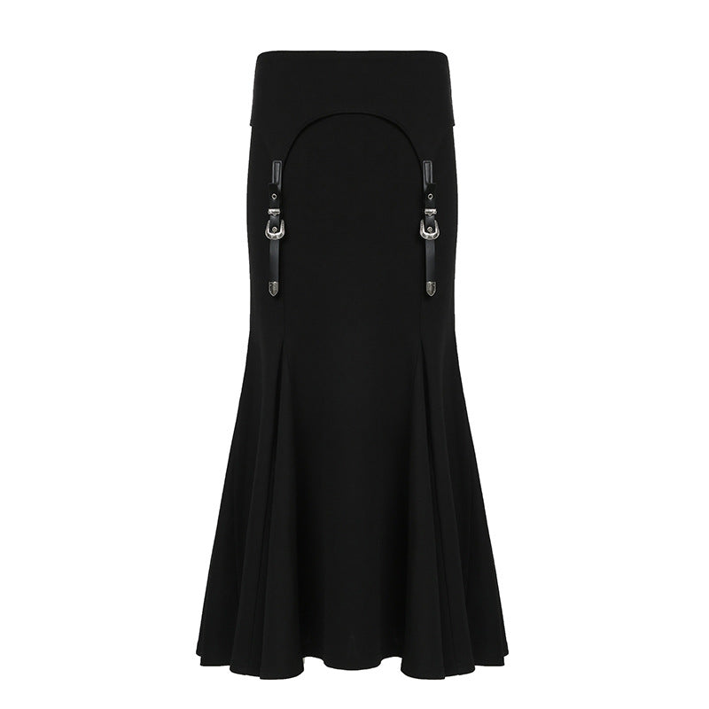 maoxiangshop cybergoth dress to impress Design Metal Buckle Stitching Sheath Fishtail Skirt 2024 Autumn New Dark Hot Girl Style Low Waist Skirt Long Skirt