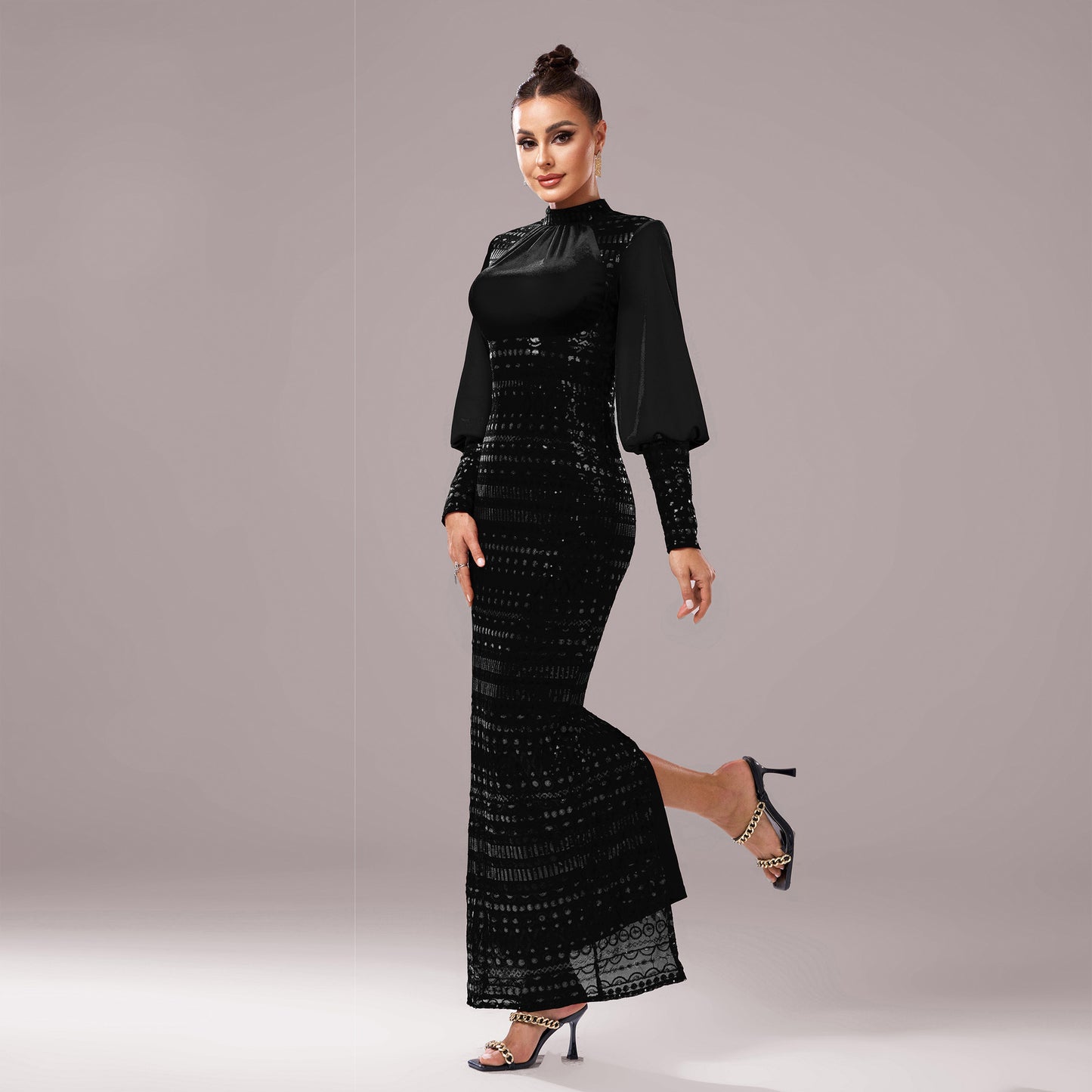2025 new high-end long-sleeved crew neck banquet sequined hip-wrapped split evening dress bridesmaid dress women