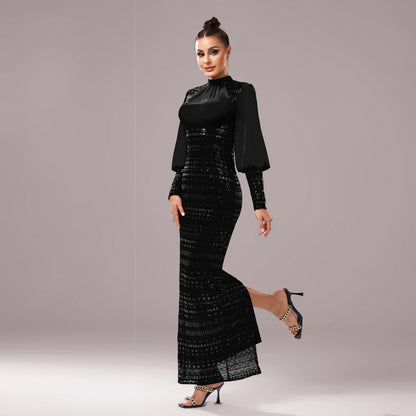 2025 new high-end long-sleeved crew neck banquet sequined hip-wrapped split evening dress bridesmaid dress women