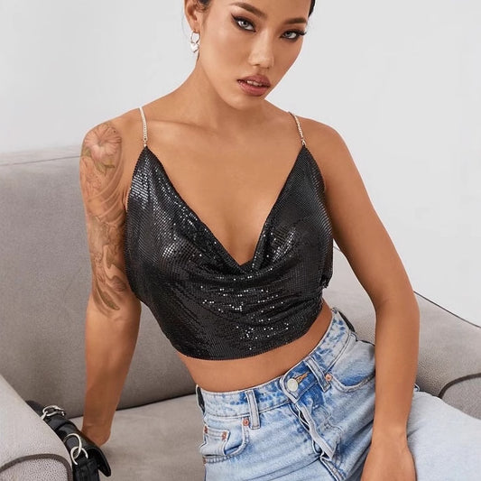 L4821Y sequined bright diamond vest 2025 nightclub style sexy metal chain hanging neck V-neck halter top small vest