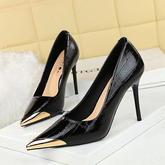 3739-62 2025 banquet shallow mouth women's shoes pointed head thin heel high heels iron head metal decoration super high heel single shoes