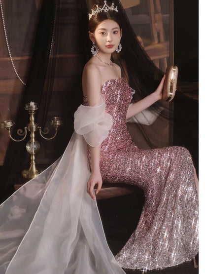 Light luxury fishtail evening dress women's high-end high-end sense sequins temperament socialite niche banquet annual meeting long dress pink autumn