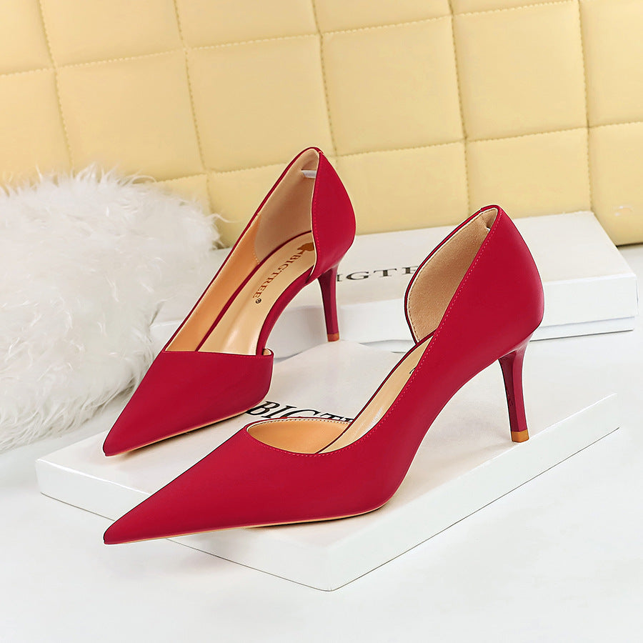 3226-A2 Korean version of simple high heel thin heel shallow mouth pointed side hollow professional OL versatile high heels women's single shoes