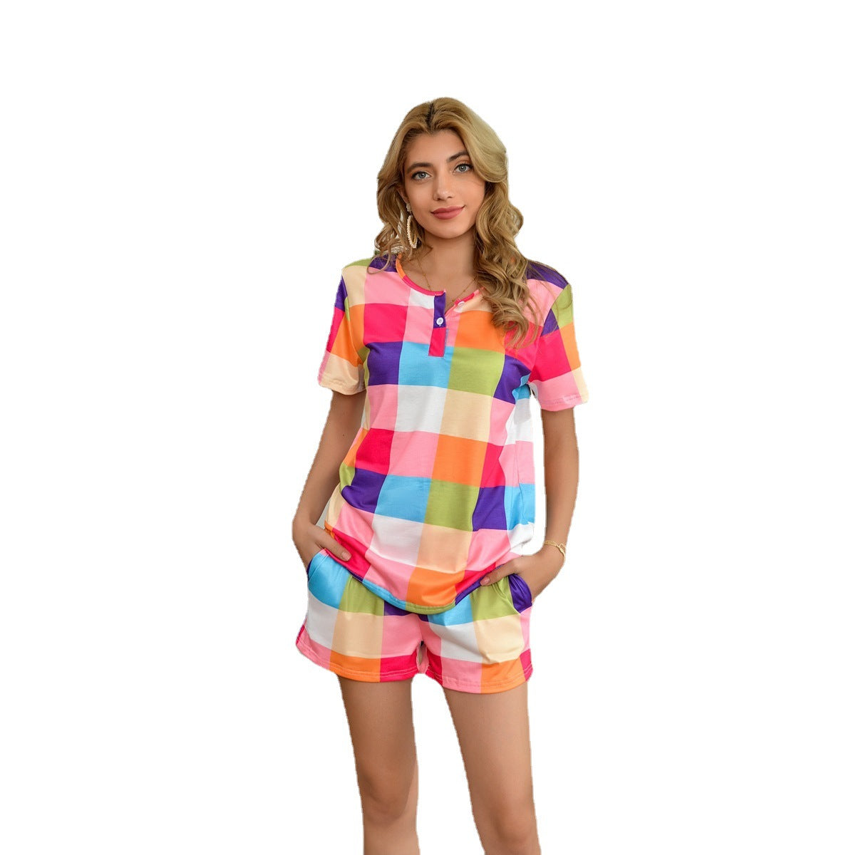 MAOXIANGSHOP 2025wish summer new color plaid print loungewear beachwear casual suit T-shirt, women