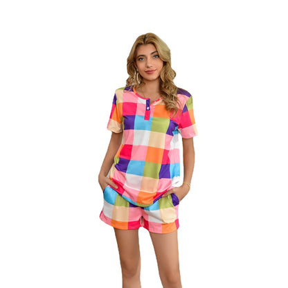 MAOXIANGSHOP 2025wish summer new color plaid print loungewear beachwear casual suit T-shirt, women