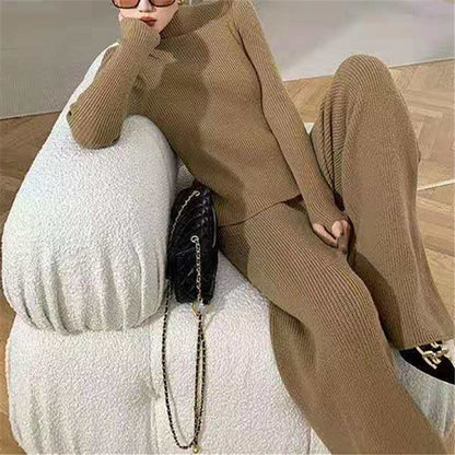 maoxiangshop business casual outfits Three-Piece Fashion Women's Knitted Suit Autumn and Winter Socialite Temperament Thickened Wide-Leg Pants Bottoming Sweater Cardigan Women's Clothing