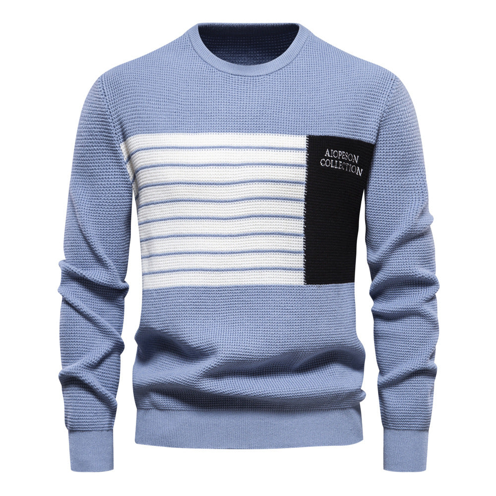 MAOXIANGSHOP 2025 Autumn new sweater men's striped splicing long-sleeved men's knitted sweater round neck trendy men's casual sweater