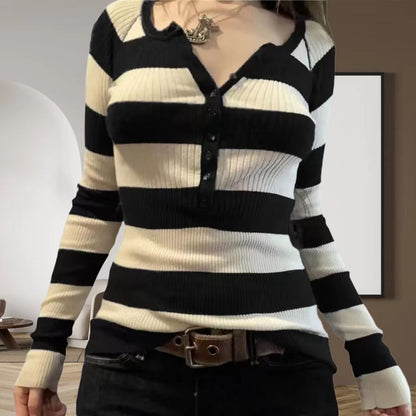 maoxiangshop 90s fashion Commuter Contrast Color Striped Top Autumn Casual All-Match Loose Slimming Sweater