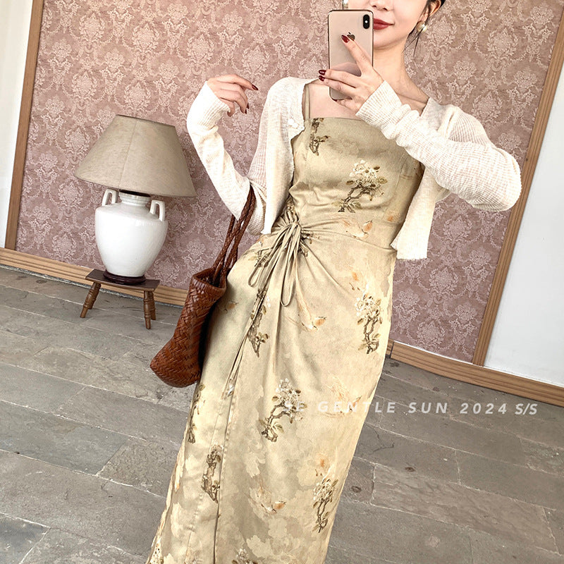 2025 summer new new Chinese high waist retro suspender dress elegant printing pure desire skirt 286674