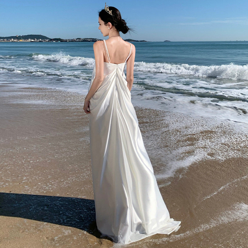 2025 satin tube top neck dress high-end morning robe toast dress temperament loose floor dress long dress