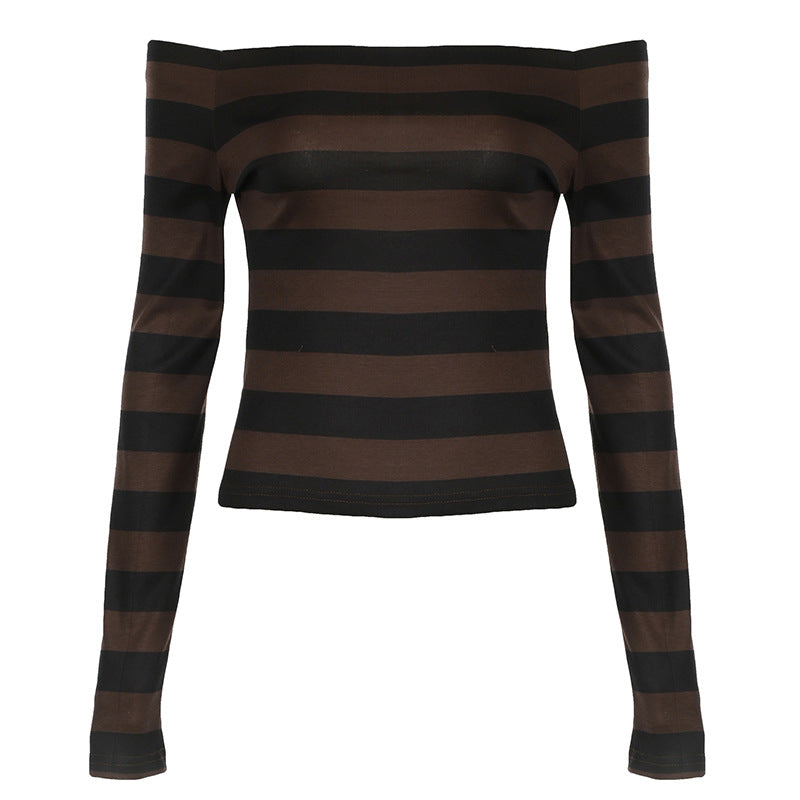 maoxiangshop grunge dti off-Shoulder Contrast Color Striped T-shirt 2024 Autumn New Women's Slim Slimming Long Sleeve Knitted Top