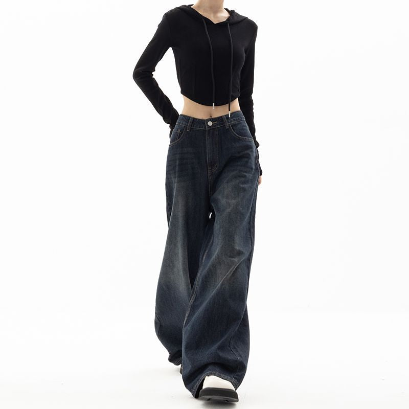 maoxiangshop-shop picture day outfit American Retro Street Wide-Leg Pants Design Sense Niche Blue Mopping Pants High Waist Loose High Waist Jeans for Women