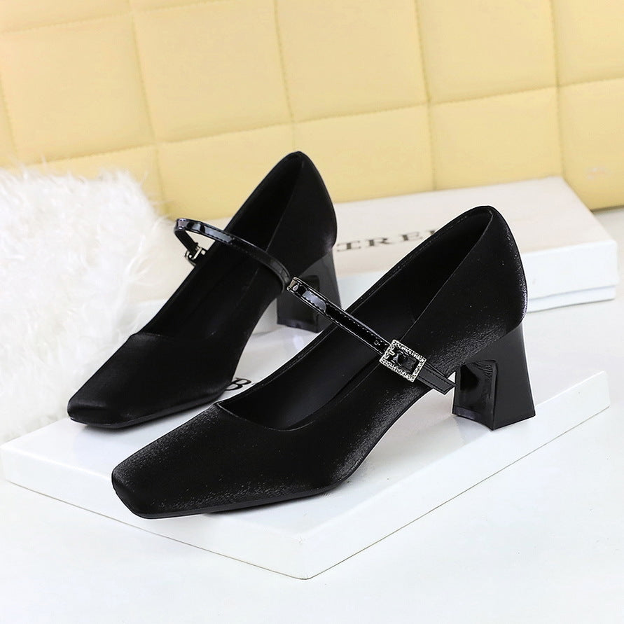 6295  small fragrant wind square head rhinestone one word with satin women's shoes thick heel medium heel light mouth comfortable and thin single shoes