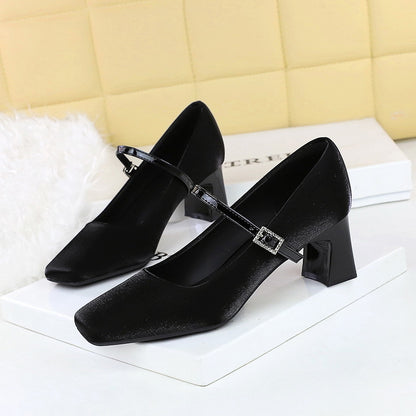 6295  small fragrant wind square head rhinestone one word with satin women's shoes thick heel medium heel light mouth comfortable and thin single shoes