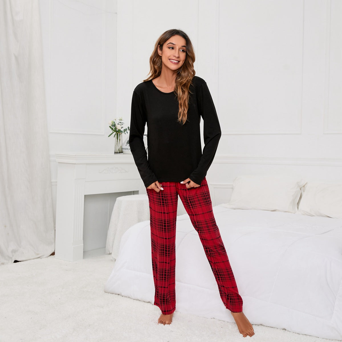 MAOXIANGSHOP 2025Real new products, 2025 New independent stations, solid color round neck T plaid printing women's casual set, loungewear pajamas, women