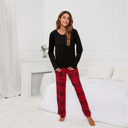 MAOXIANGSHOP 2025Real new products, 2025 New independent stations, solid color round neck T plaid printing women's casual set, loungewear pajamas, women