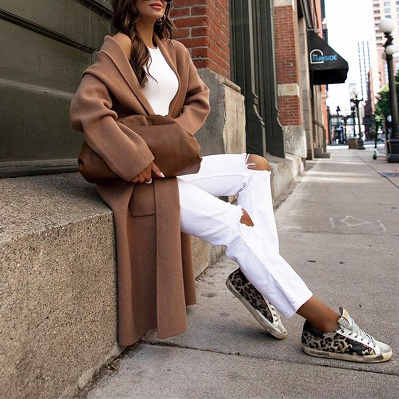maoxiangshop 2000s fashion Women's Autumn and Winter Long Sleeve Solid Color Loose Woolen Cardigan Overcoat Coat for Women
