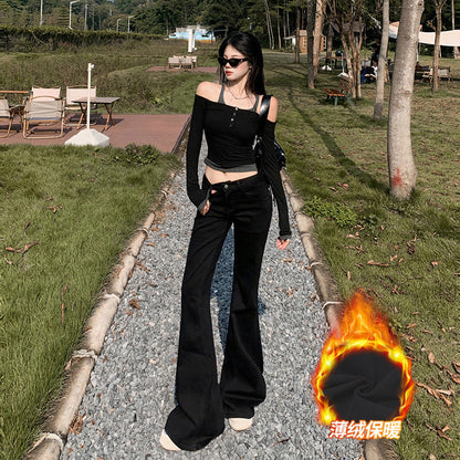 maoxiangshop 90s fashion American-Style Black Thin Velvet Skinny Jeans for Women 2024 Autumn and Winter New Low Waist Wide Leg Slimming Versatile Flared Pants
