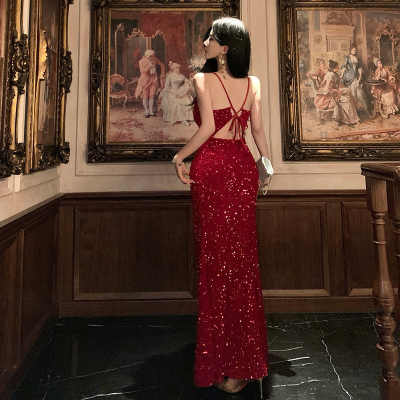 2025 Red sequined suspender inner dress women's winter Christmas wear sexy split birthday dress long skirt