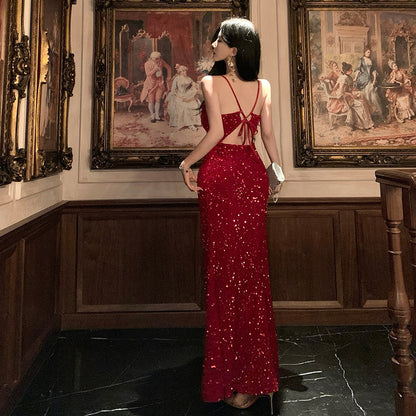 2025 Red sequined suspender inner dress women's winter Christmas wear sexy split birthday dress long skirt