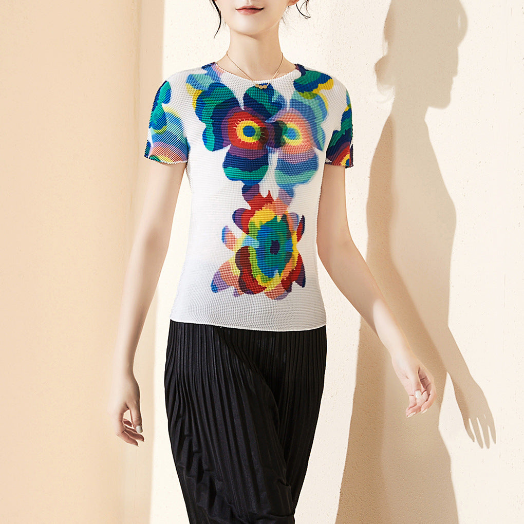 2025 Hot Sale Short Sleeve Women's T-Shirt Crew Neck Printed Pullover Slim Fit Elastic Vacation Versatile Top Hot Summer