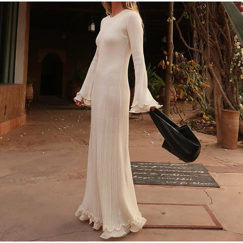 MAOXIANGSHOP 2025 Real shot - elegant round neck long-sleeved knitted long dress,  New slim-fitting high-waisted women's curled edge long dress