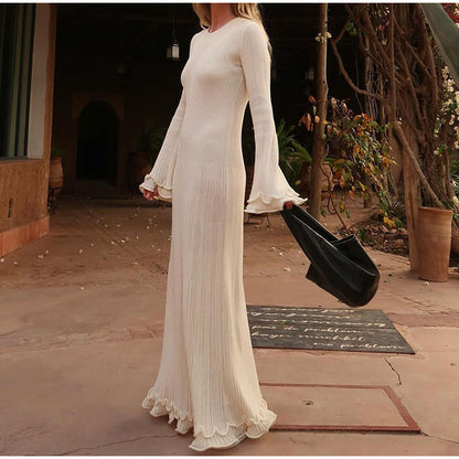 MAOXIANGSHOP 2025 Real shot - elegant round neck long-sleeved knitted long dress,  New slim-fitting high-waisted women's curled edge long dress