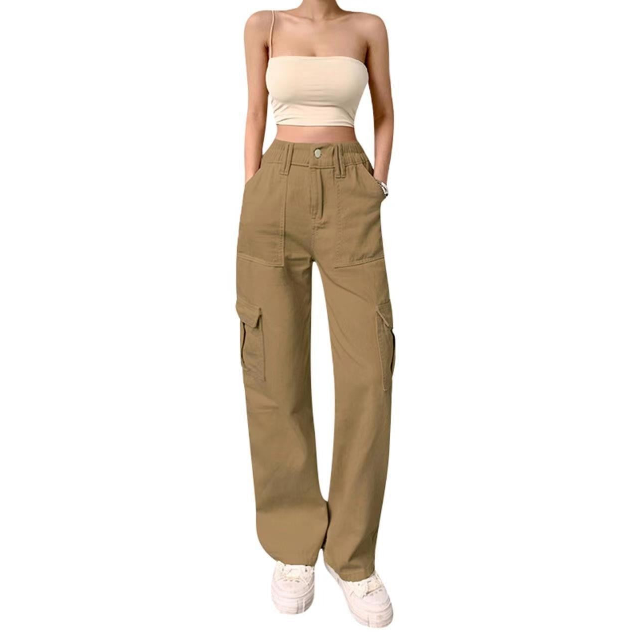 maoxiangshop-shop college outfits Women's Street Fashion Multi-Pocket Workwear Straight Trousers High Waist Slimming Loose Khaki Jeans for Women