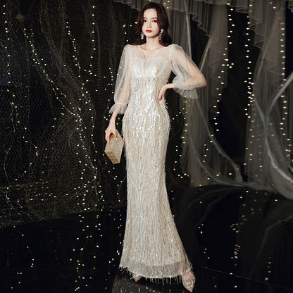 Golden small evening dress skirt women  new banquet temperament small light luxury niche annual meeting sequined host