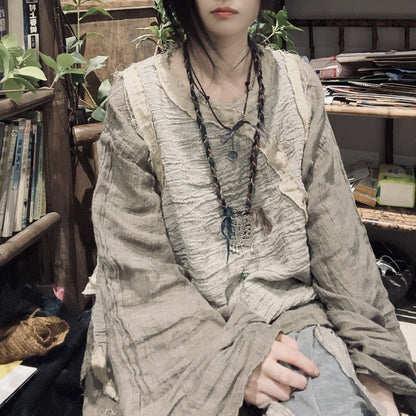 2025 24/4 SN49 Chan, literary and leisure short burr edge contrasting color-dyed linen splicing sleeve vest