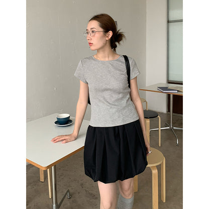 2025  kink backless design short-sleeved T-shirt women's 2025 summer Korean simple solid color top 015AX