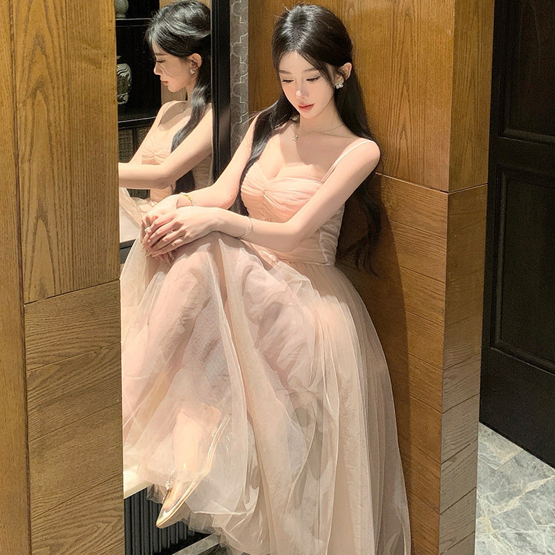 Rich daughter feels like wearing pink mesh suspender dress temperament celebrity high sense waist banquet dress dress dress