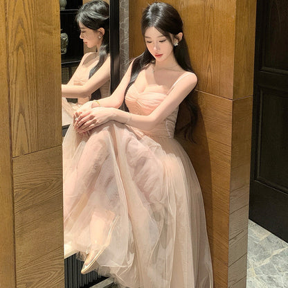 Rich daughter feels like wearing pink mesh suspender dress temperament celebrity high sense waist banquet dress dress dress