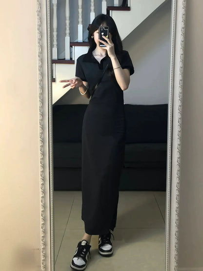 Polo white dress basic summer women's casual thin niche design temperament v-neck drawstring split skirt
