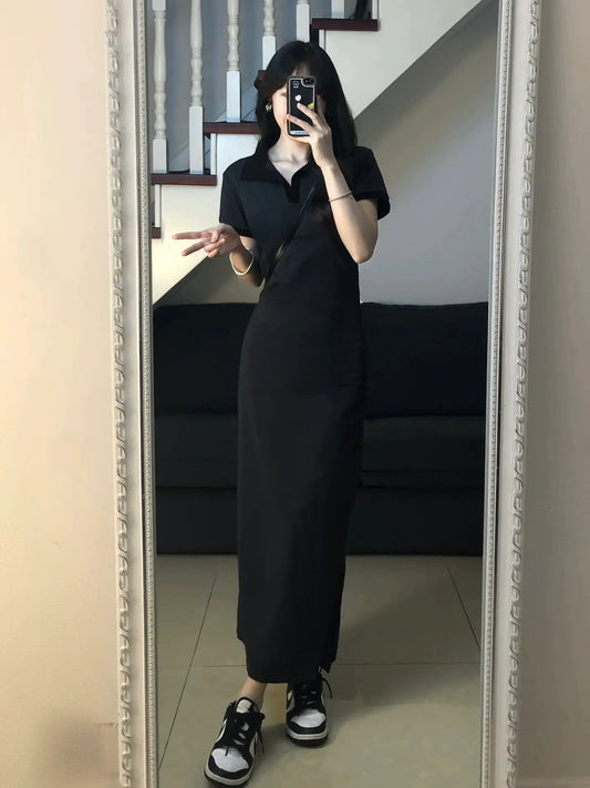 Polo white dress basic summer women's casual thin niche design temperament v-neck drawstring split skirt