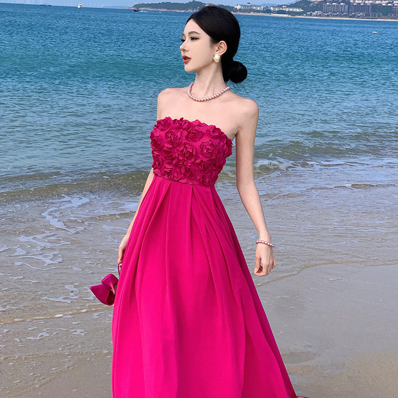 dressing gown birthday dress rose red three-dimensional flower sexy tube top dress vacation dress big swing dress women