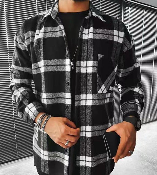 maoxiangshop Mens Sweater New Spring and Autumn New Long-Sleeved Plaid Long-Sleeved Shirt Casual Stand Collar Pocket Shirt for Men