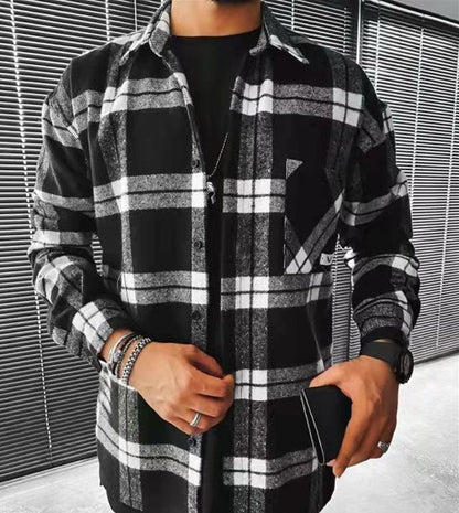 maoxiangshop Mens Sweater New Spring and Autumn New Long-Sleeved Plaid Long-Sleeved Shirt Casual Stand Collar Pocket Shirt for Men