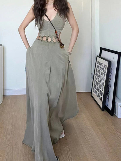 2025 popular summer V-neck niche high-end waist hollow large skirt dress women's floor-mopping dress