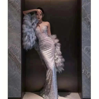 S sexy gray tube top fishtail evening dress 2025 new spring bridal toasting dress host performance wedding ceremony