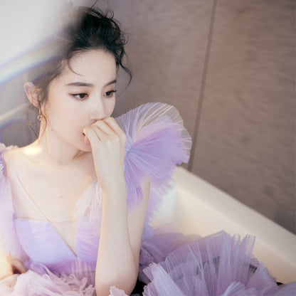 2025Liu Yifei same purple mesh dress cake skirt fairy birthday banquet performance annual banquet light luxury