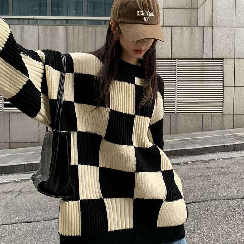 maoxiangshop-shop fall outfits aesthetic Chessboard Plaid Sweater for Women 2024 Autumn and Winter New Design Sense Niche Top Retro Japanese Style Lazy Style Sweater